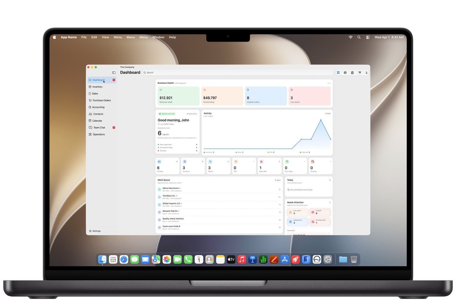 Dashboard with revenue, outstanding payments, low-stock alerts, and work queue